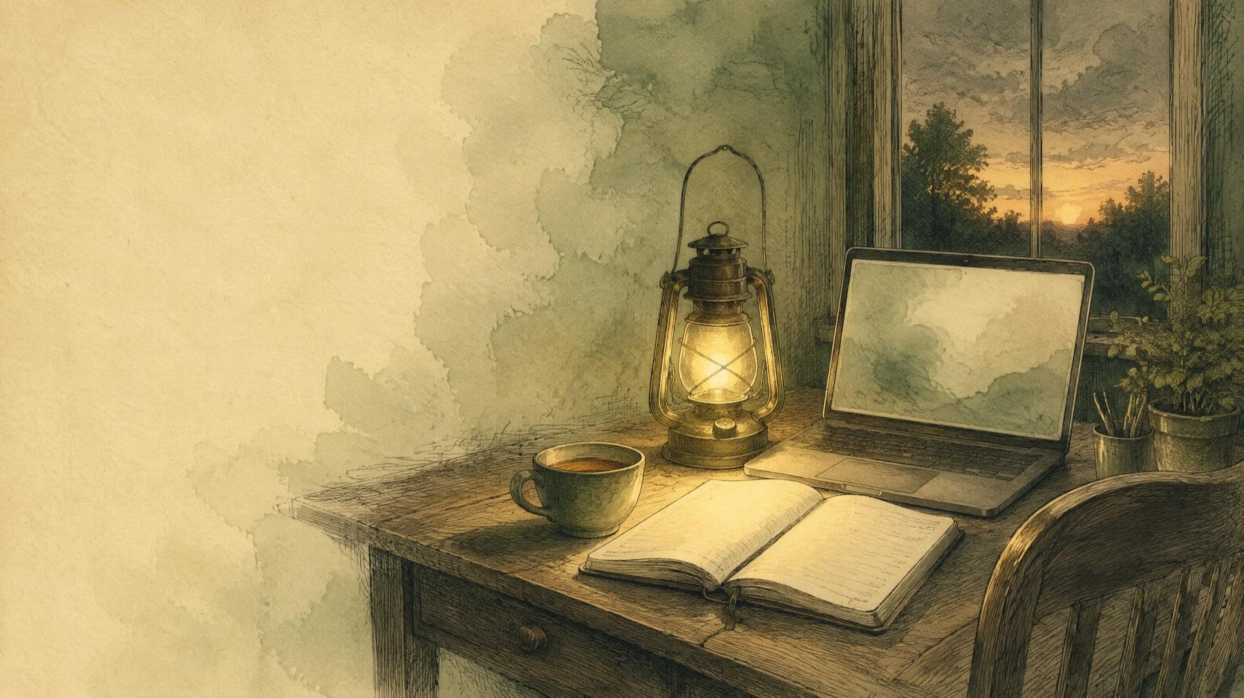 An illustration of a wooden desk at dusk with a lit brass lantern, an open notebook, a cup of tea and a laptop by a window