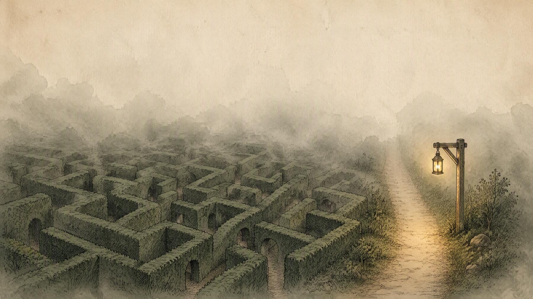 An illustration of a foggy hedge maze beside a straight dirt path lit by a single lantern hanging from a wooden post
