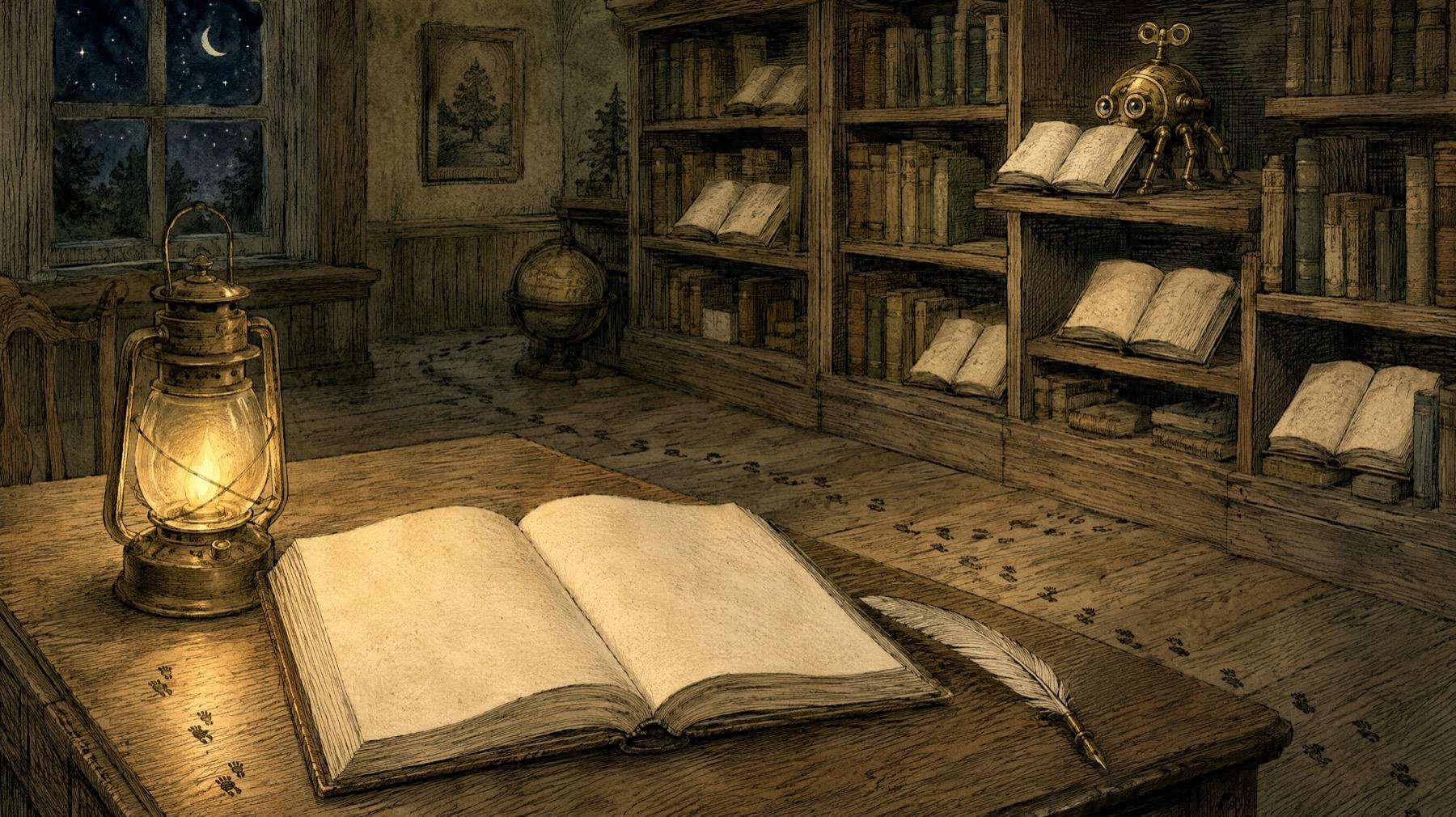 An illustration of a library at night: a blank guestbook lies open on a desk under a lantern, while tiny footprints lead across the floor to a small clockwork crawler reading a book on a high shelf