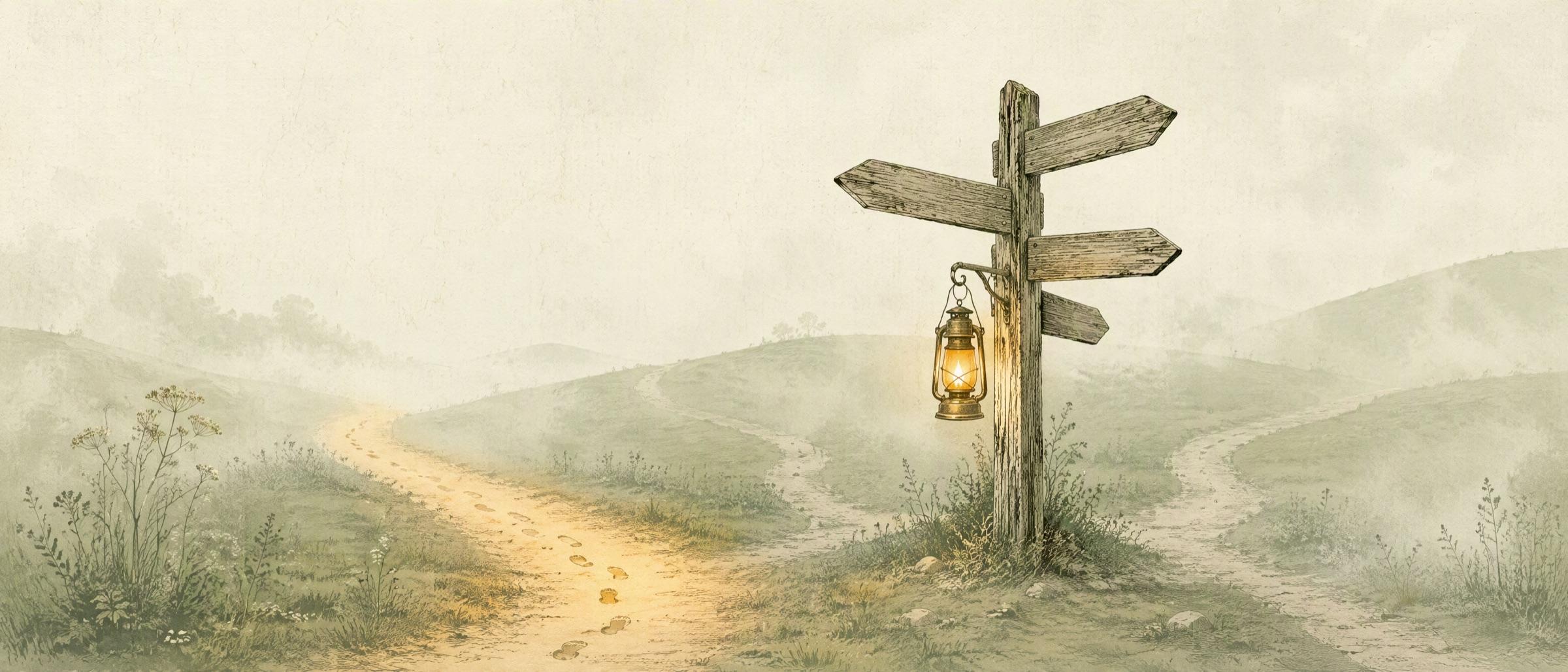 A signpost in the fog with blank arms; a lantern hanging from it lights the one path that really led here
