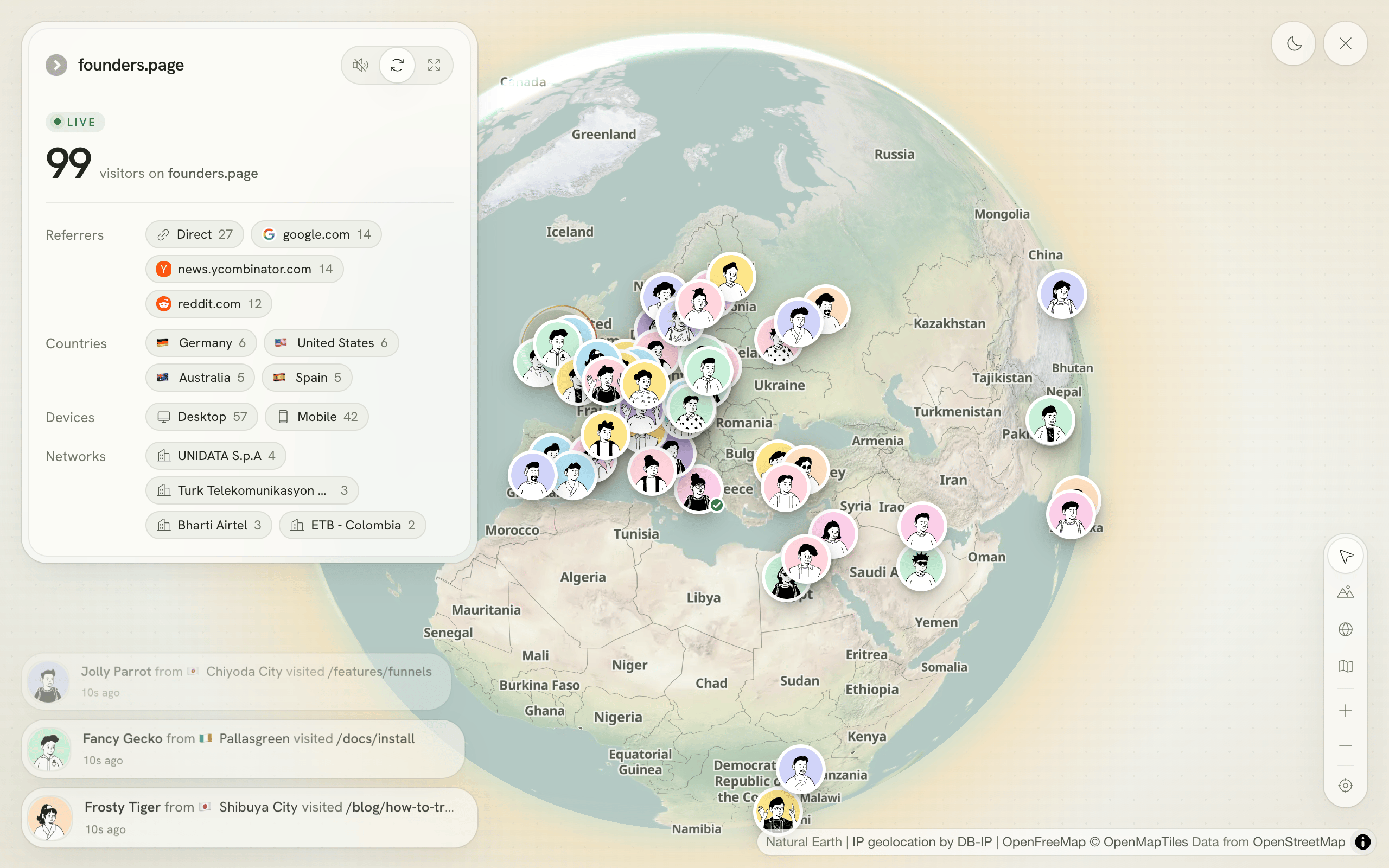 Lantern's live view: a globe with each current visitor shown as a face, beside a panel listing referrers, countries and devices