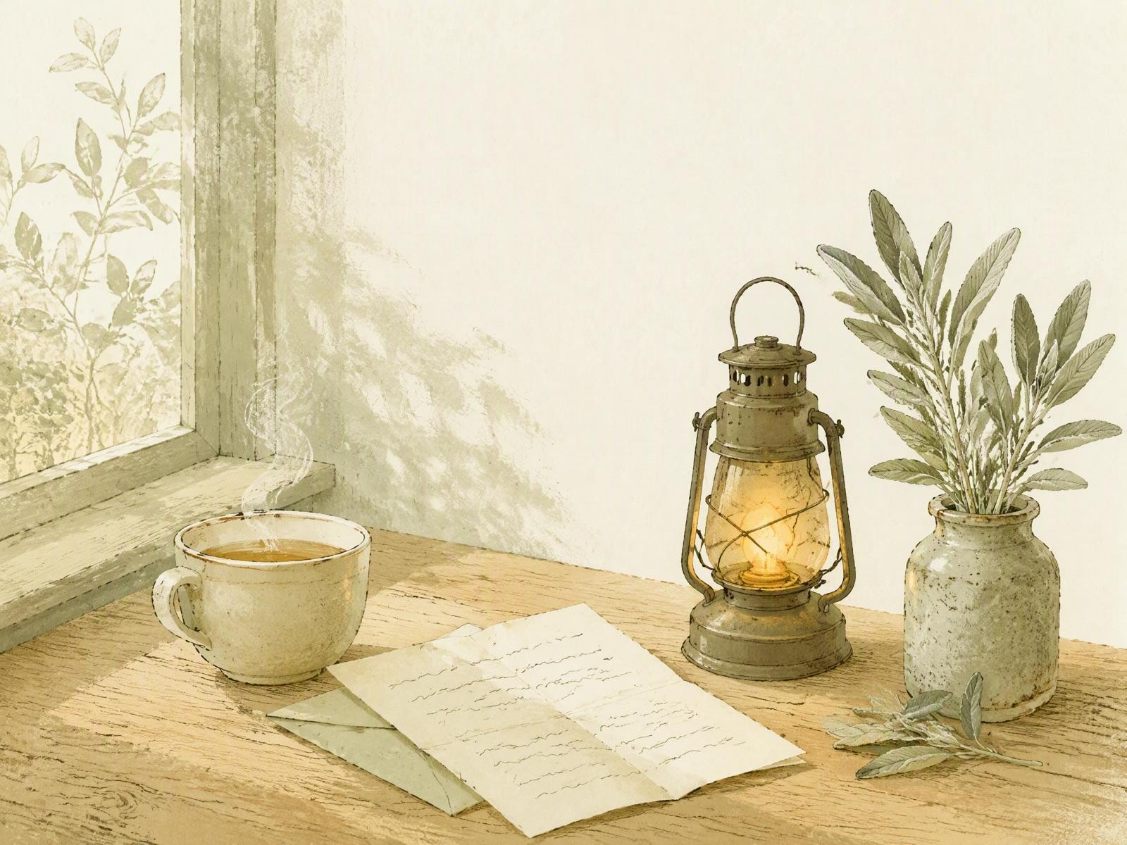 A folded letter on a table beside a small lantern and a cup of tea, in soft morning light