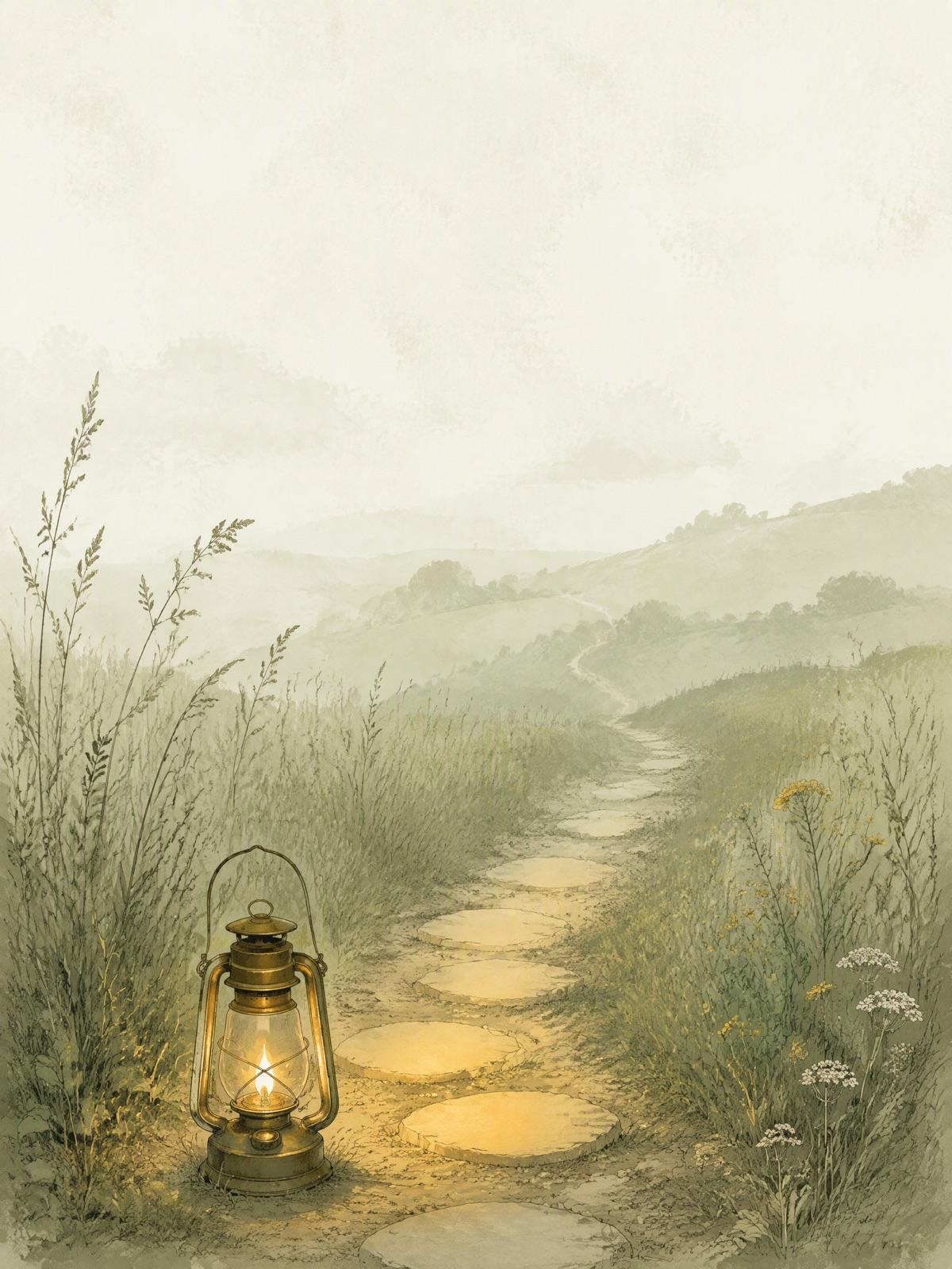 A lantern set at the edge of a path, lighting only the next few stepping stones