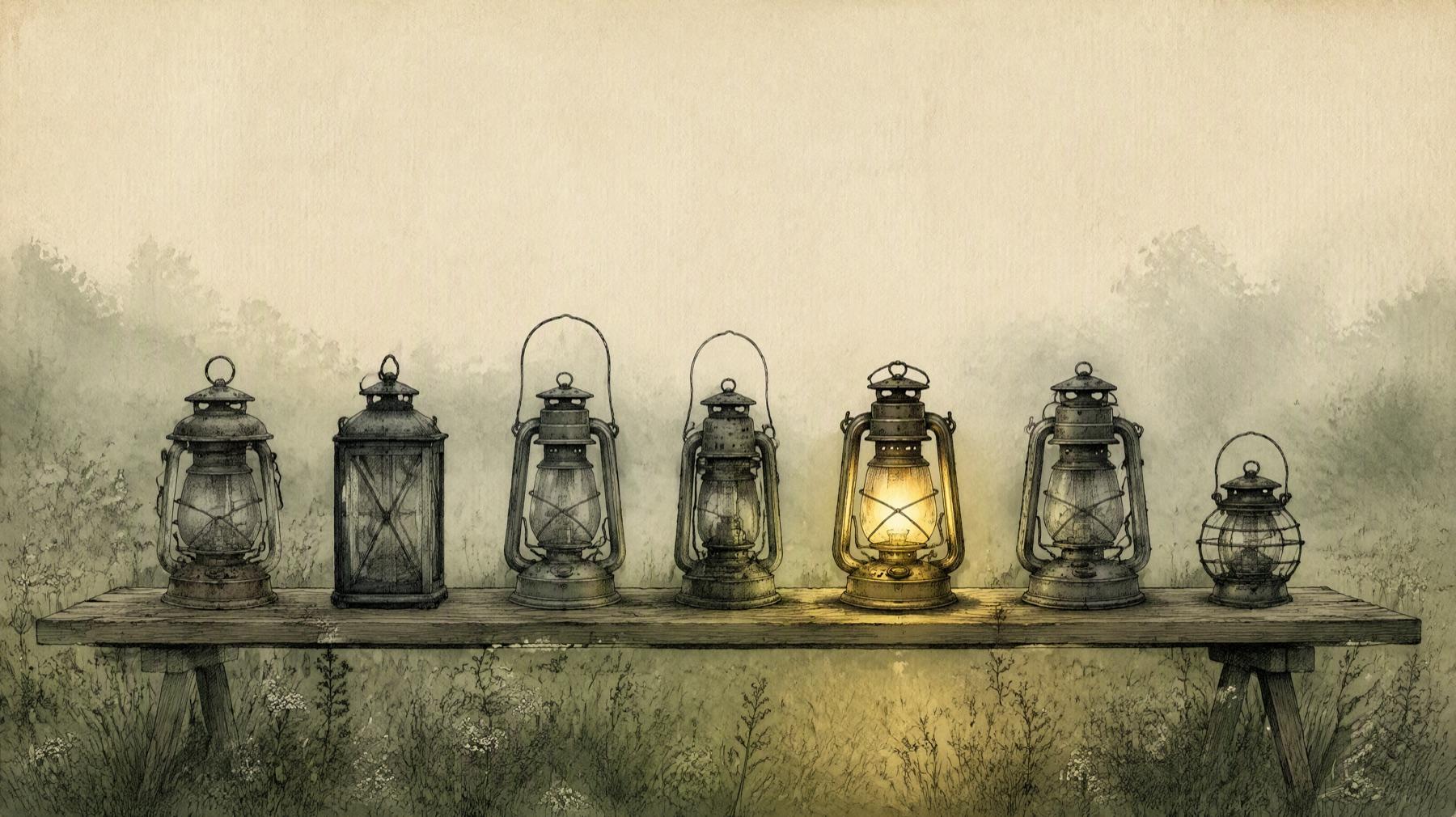 An illustration of seven old lanterns on a wooden bench in a misty meadow, with only one of them lit