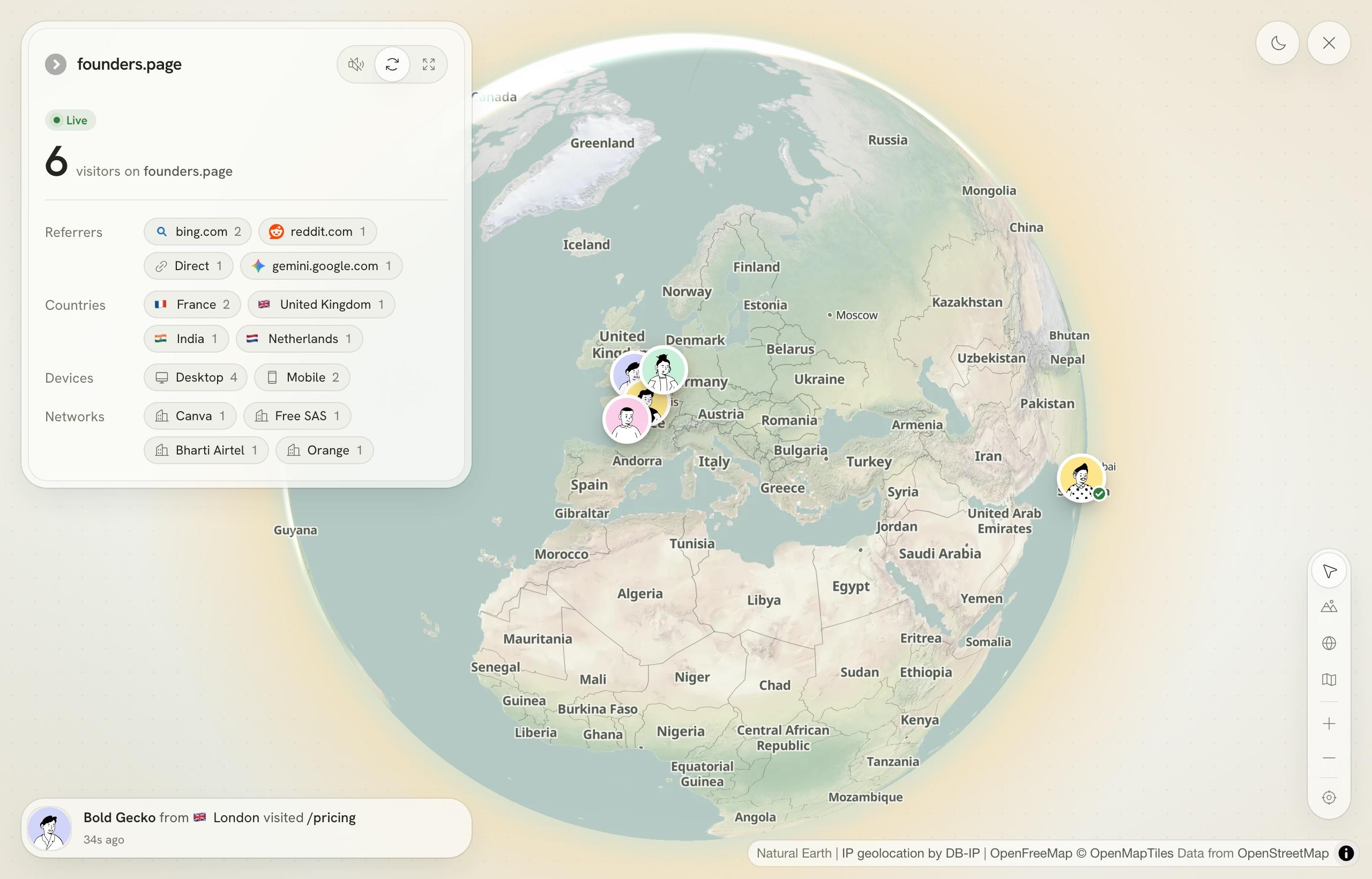 Lantern's live globe showing visitors as illustrated faces over Europe and the Middle East, beside a panel of current referrers including bing.com, reddit.com and gemini.google.com, countries, devices and networks