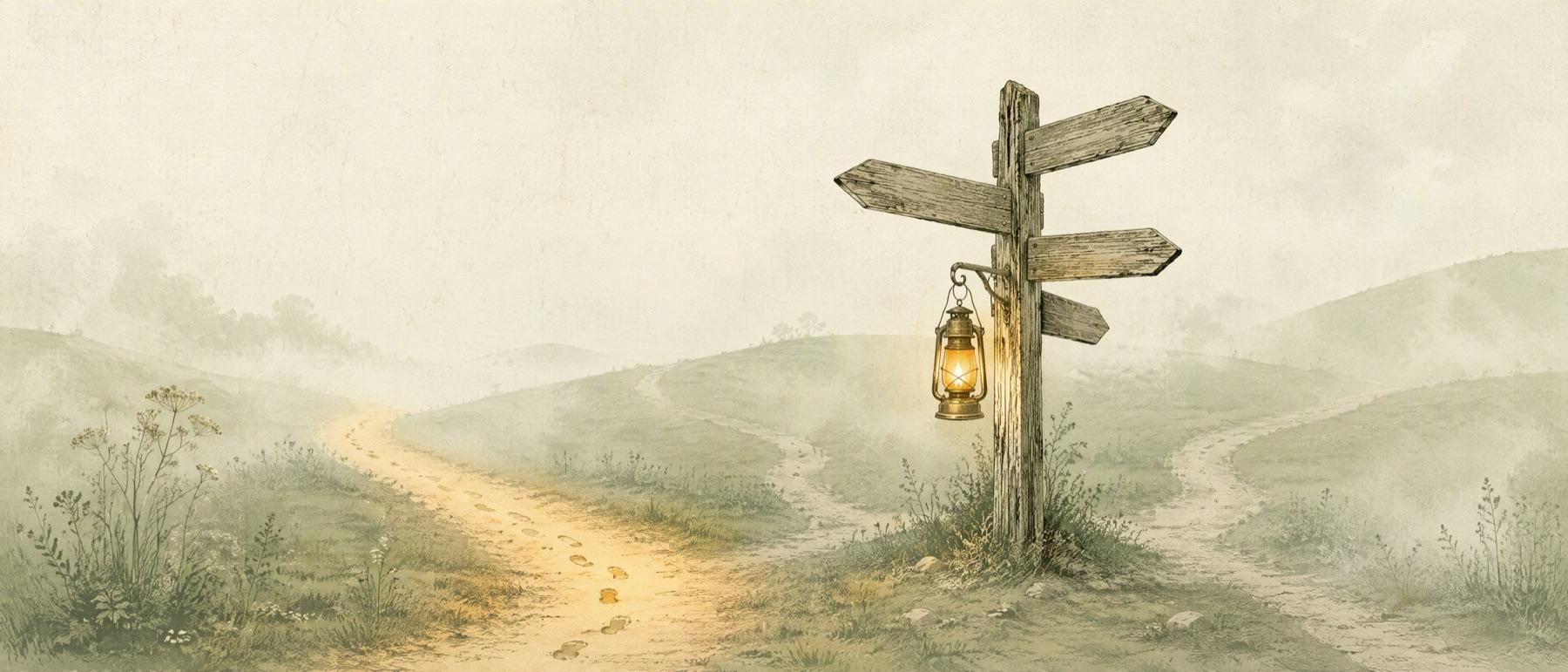 An illustration of a lantern hanging from a wooden signpost where several dirt paths meet in a misty valley