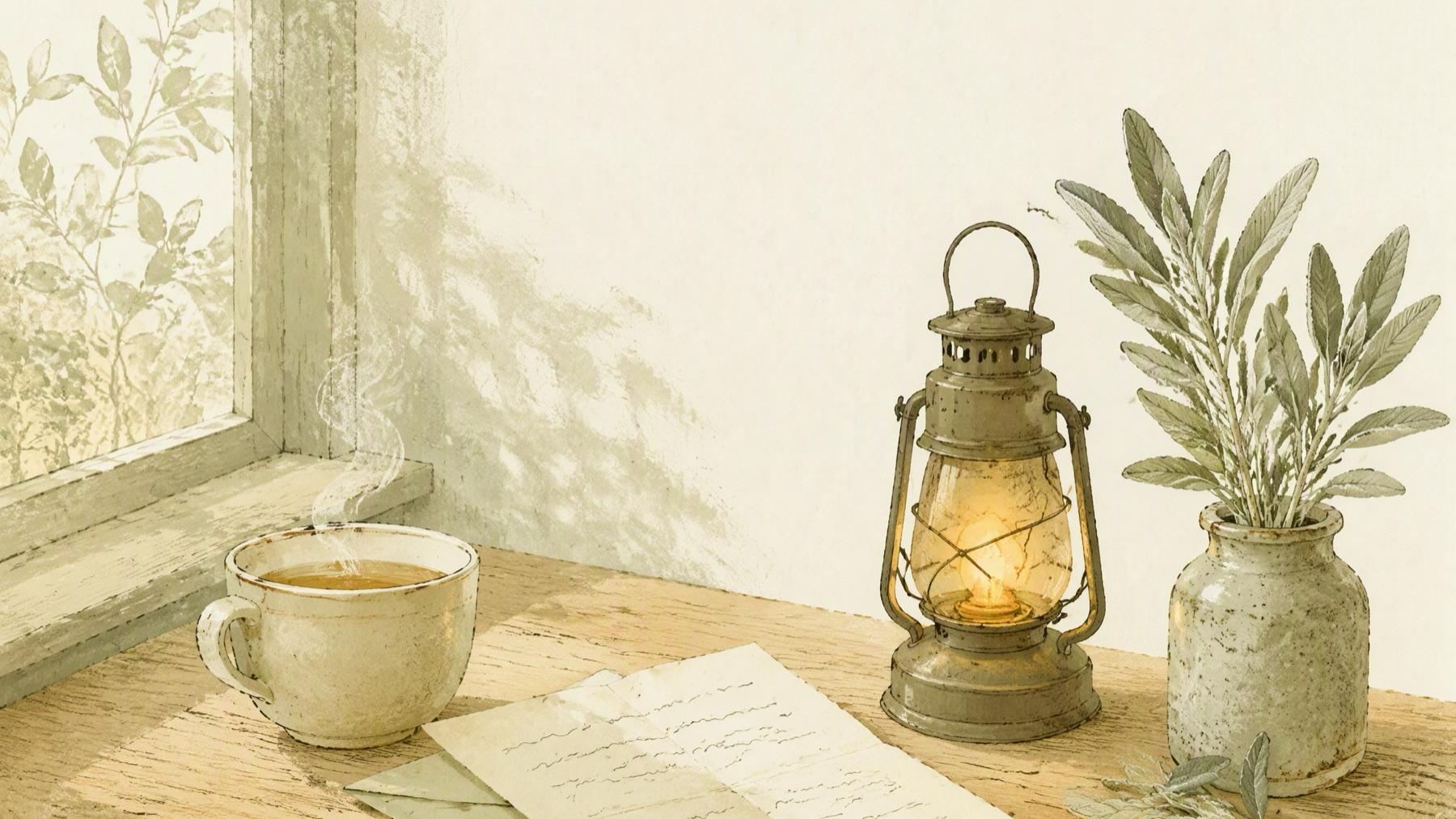 An illustration of a cup of tea, a handwritten letter and a lit brass lantern on a wooden desk by a window